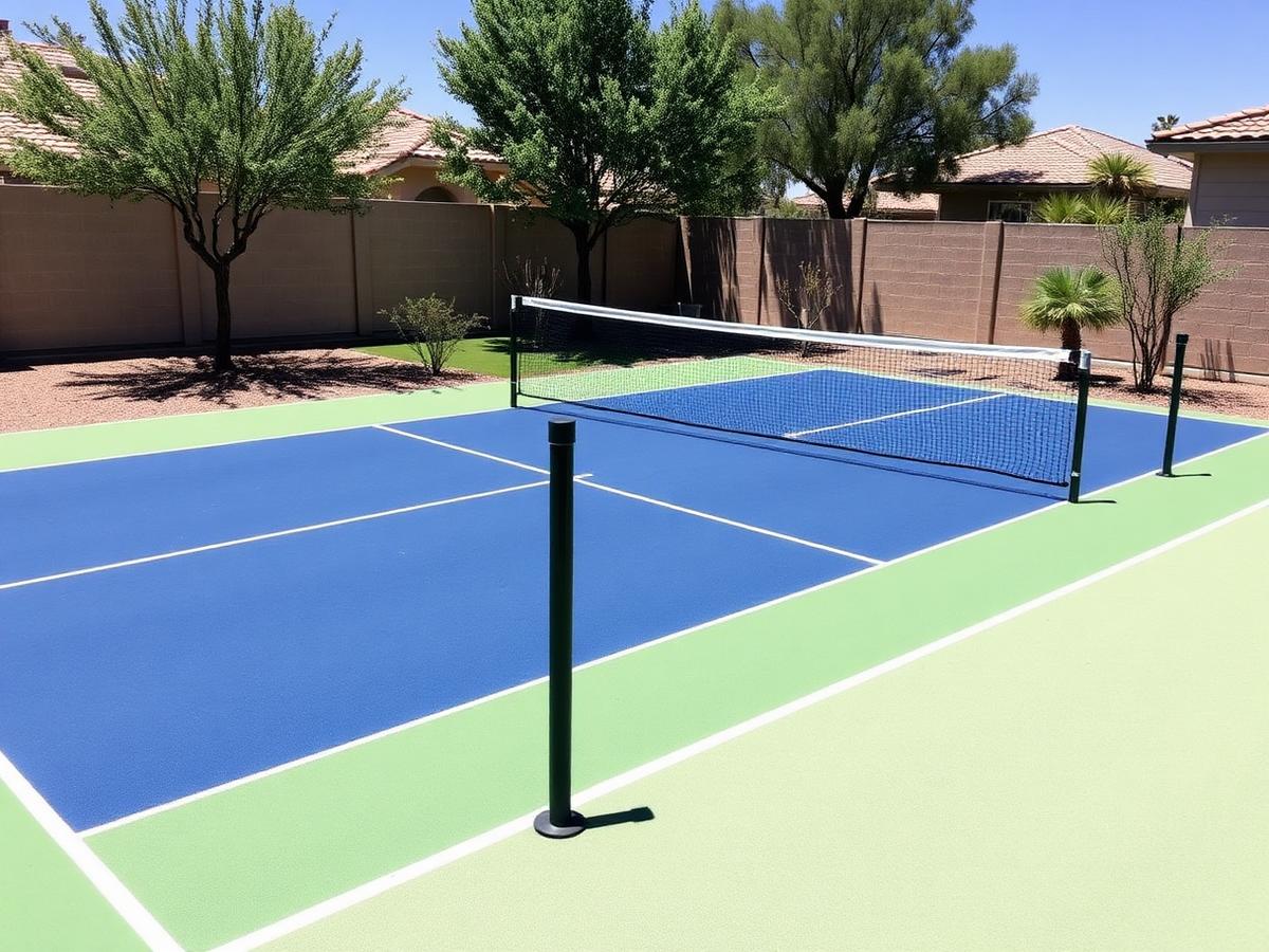 Backyard pickleball court with green and blue acrylic surfacing in Maricopa AZ
