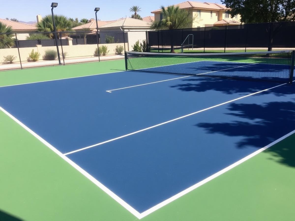 Resurfaced navy blue tennis court with green surround in Phoenix metro