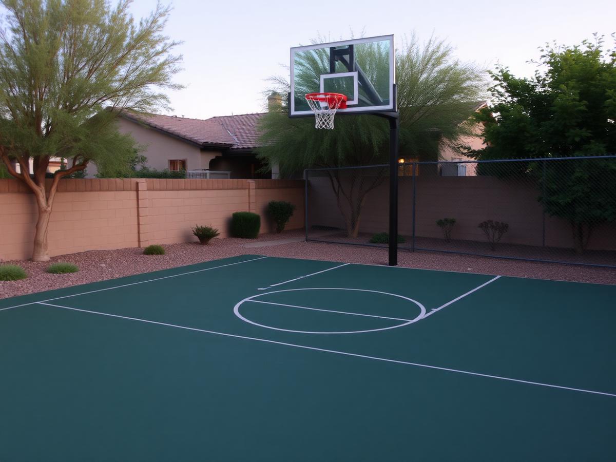 Green backyard basketball half court with in-ground hoop