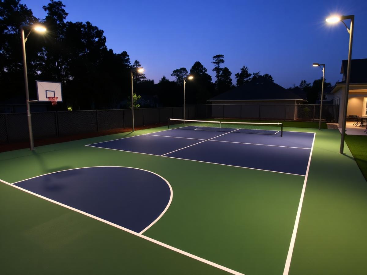Multi-sport court with LED lighting illuminated at dusk
