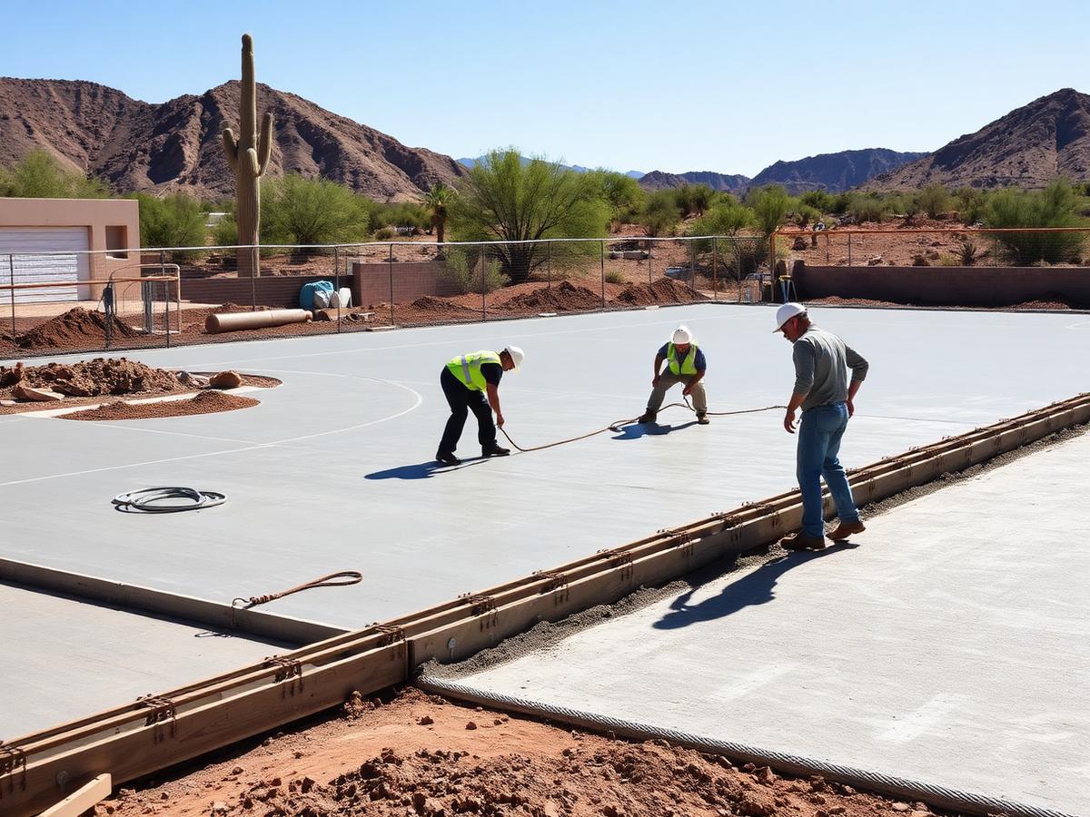 Value Courts crew placing a reinforced concrete court slab in Arizona