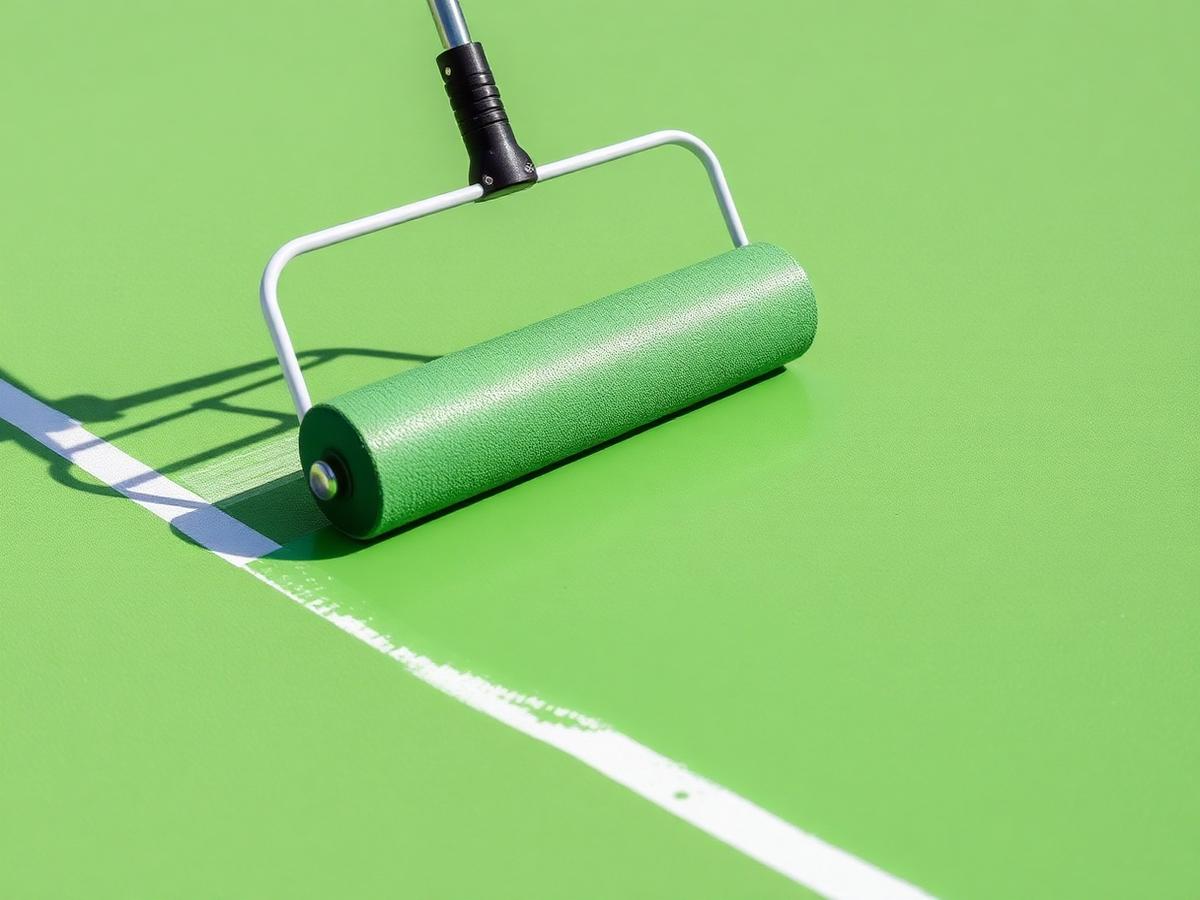 Acrylic color coat being rolled onto a pickleball court surface